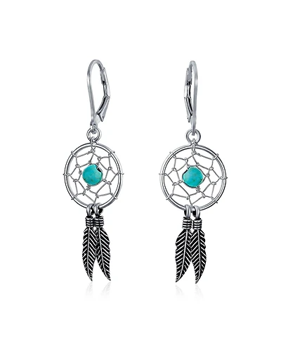 Bling Jewelry Native American Style Turquoise Dream Catcher Feather Leaf Dangle Earrings Sterling Silver