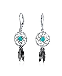 Bling Jewelry Native American Style Turquoise Dream Catcher Feather Leaf Dangle Earrings Sterling Silver