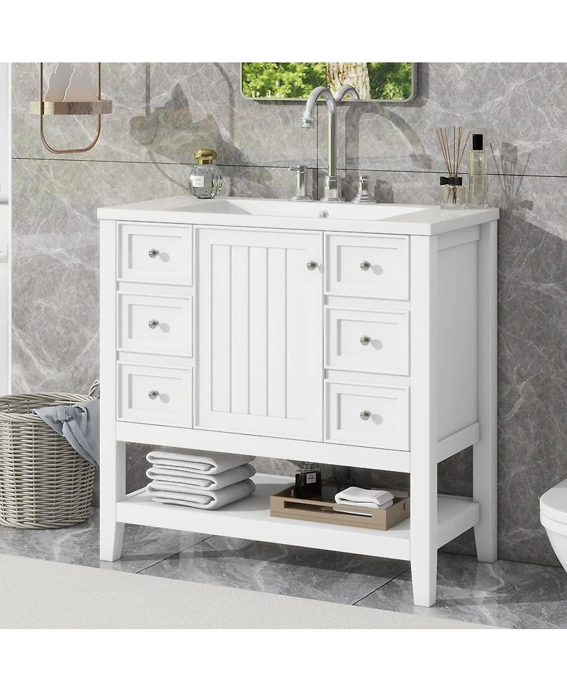 Sillysis 36 Bathroom Vanity with Ceramic Sink, Solid Wood Cabinet, 3 Drawers & Adjustable Shelf for Modern Bathrooms