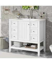 Sillysis 36 Bathroom Vanity with Ceramic Sink, Solid Wood Cabinet, 3 Drawers & Adjustable Shelf for Modern Bathrooms