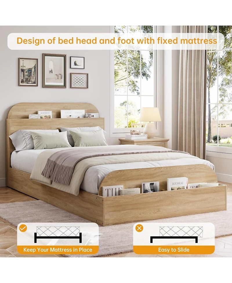 gaomon Bed Frame, Wooden Bed with Storage Headboard and Footboard, Floor-Low Platform Bed with Wooden Slats Design, No Box Spring Needed