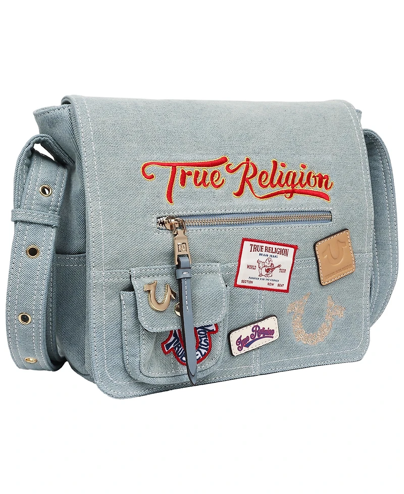 True Religion Multi Patch Denim Messenger Bag