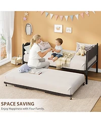 gaomon Twin Daybed with Trundle, Metal Frame with Wavy Wood Grain Headboard and Lockable Casters