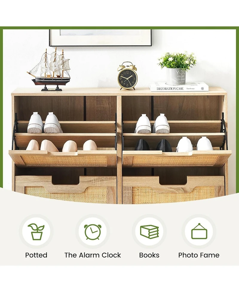 gaomon Freestanding Shoe Cabinet with 4 Flip Rattan Doors Adjustable Shelves Entryway Hallway Narrow Storage Oak