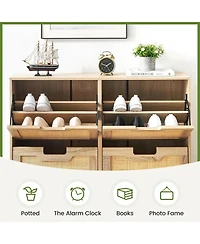 gaomon Freestanding Shoe Cabinet with 4 Flip Rattan Doors Adjustable Shelves Entryway Hallway Narrow Storage Oak