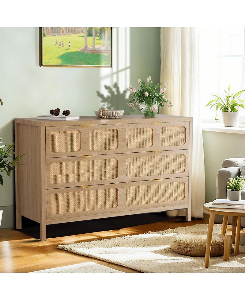 gaomon 6-Drawer Dresser, Rattan Storage Chest with Metal Handles & Wood Legs for Bedroom