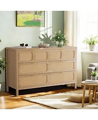 gaomon 6-Drawer Dresser, Rattan Storage Chest with Metal Handles & Wood Legs for Bedroom
