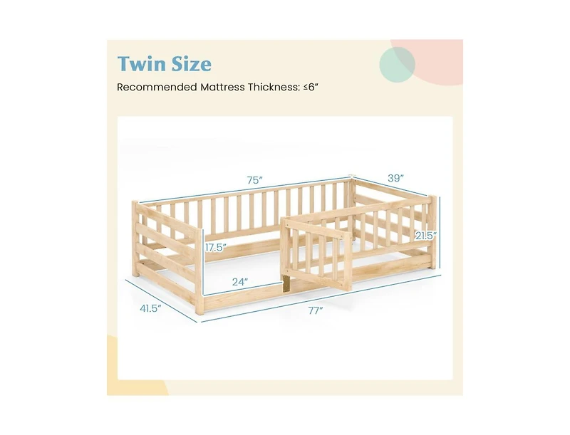 Slickblue Kids Twin Floor Bed with Safety Fence and Playhouse Door - 41