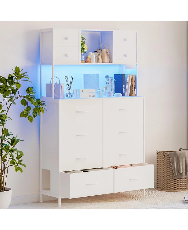 gaomon 12-Drawer Dresser with Power Outlet & Open Shelves - Led Light Wood Top Metal Frame Fabric Dresser for Bedroom, Hallway