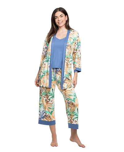 Linea Donatella Women's Printed Long-Sleeve Wrapper, Camisole and Pants, 3-Piece Set