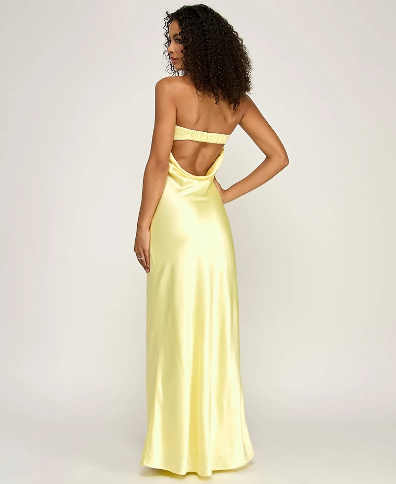 Emerald Sundae Juniors' Strapless Drape-Back Satin Gown