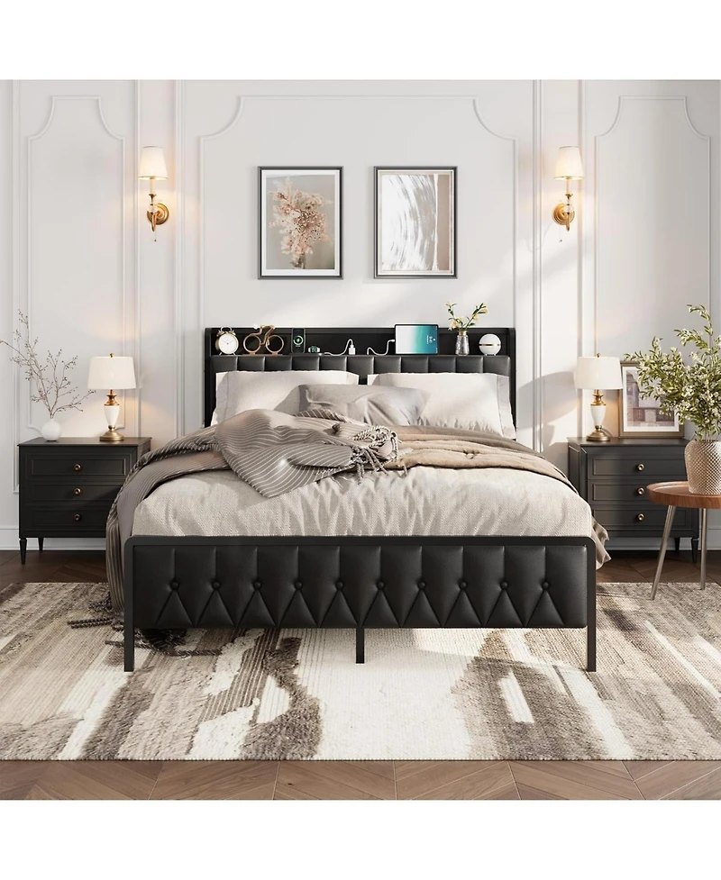 gaomon Platform Bed Frame with Charging Station, Upholstered Storage Button Headboard & Footboard, Pu Leather Button-Tufted Design