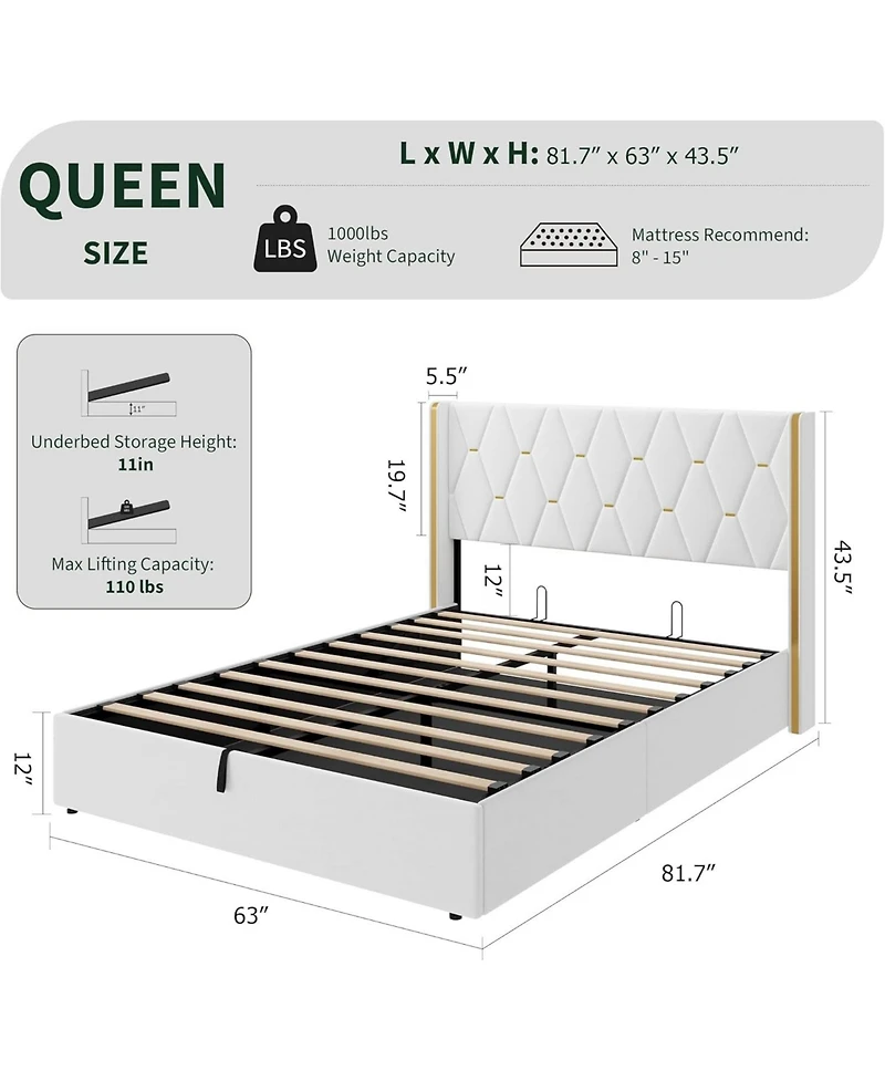 gaomon Lift Up Storage Bed Frame with with Wingback Headboard, Velvet Upholstered Bed Frame with Diamond Tufted Design & Gold Trim, Hydraulic