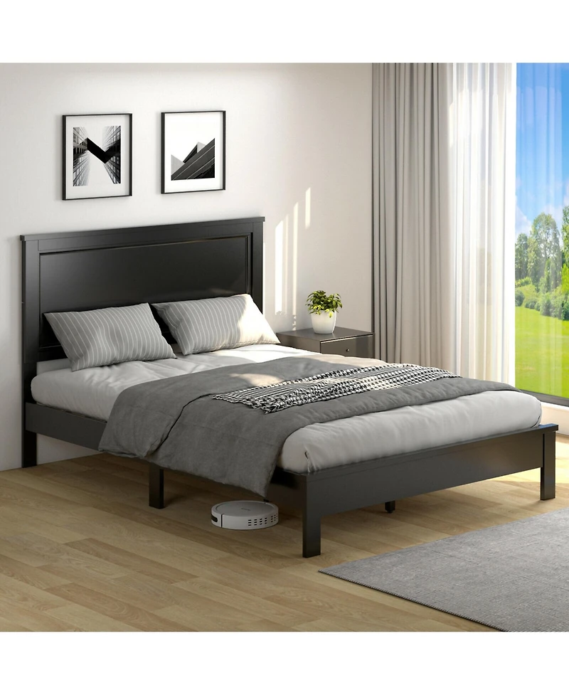 Gymax Bed Frame Platform Slat High Headboard Bedroom Rubber Wood Leg
