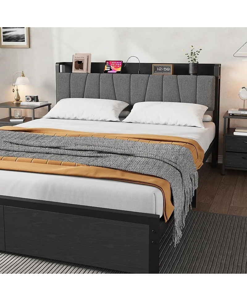 gaomon Bed Frame with Storage Headboard, Industrial Platform Bed with 2 Large Drawers and Charging Station