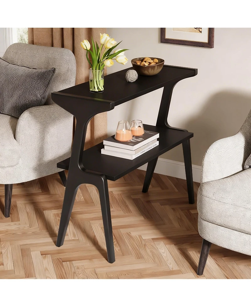 Yigii Narrow End Table 2-Tier Slim Sofa Side Solid Wood Farmhouse Tall Storage Shelf Modern Skinny Bedside