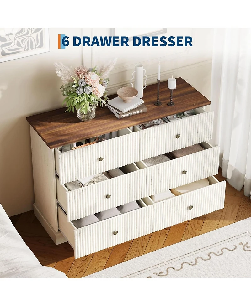 gaomon 6 Drawer Dresser for Bedroom, Fluted Horizontal Chest of Drawers