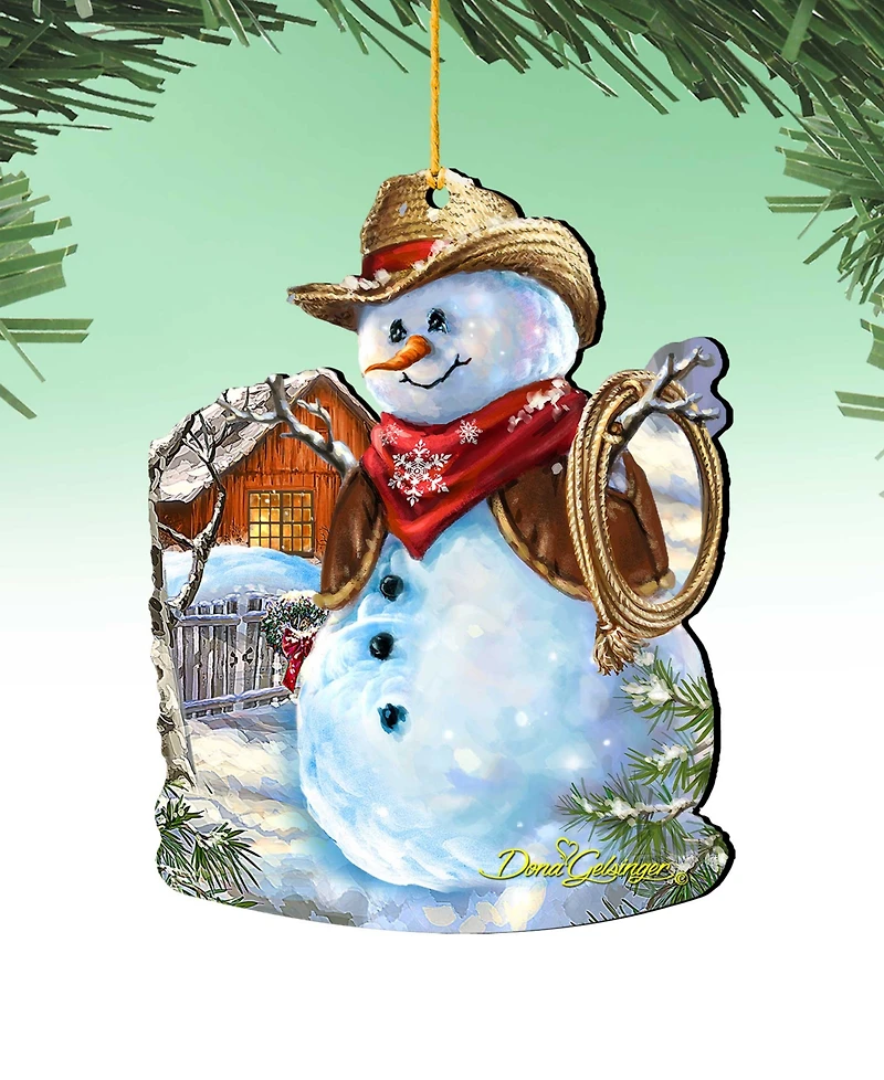 Designocracy 2 Piece Cowboy Snowman Wood Ornaments Set