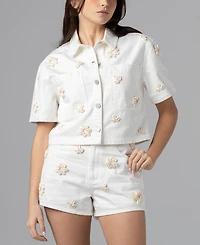 Blank Nyc Women's Sea Shell Applique Detail Collared Cropped Denim Shirt