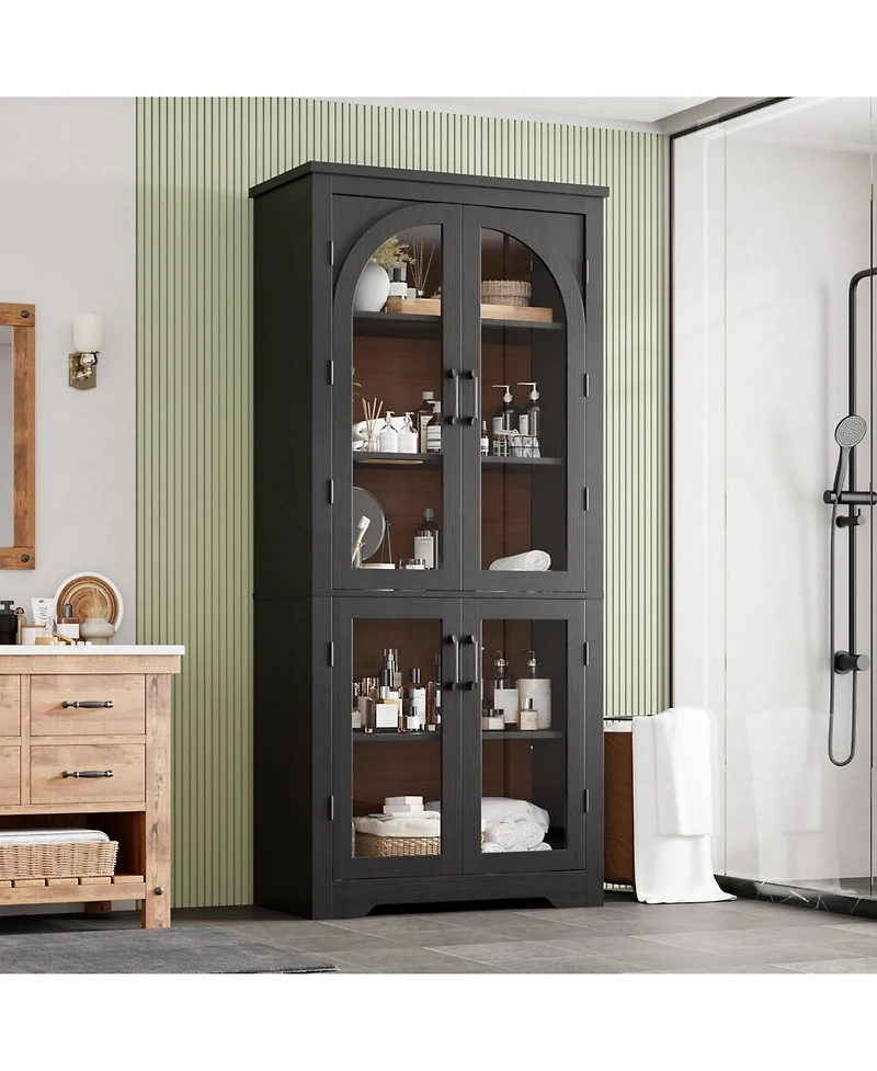 gaomon 70" Tall Kitchen Pantry Cabinet - Modern Display with 4 Arched Glass Doors and Adjustable Shelves, Versatile Cupboard Organizers