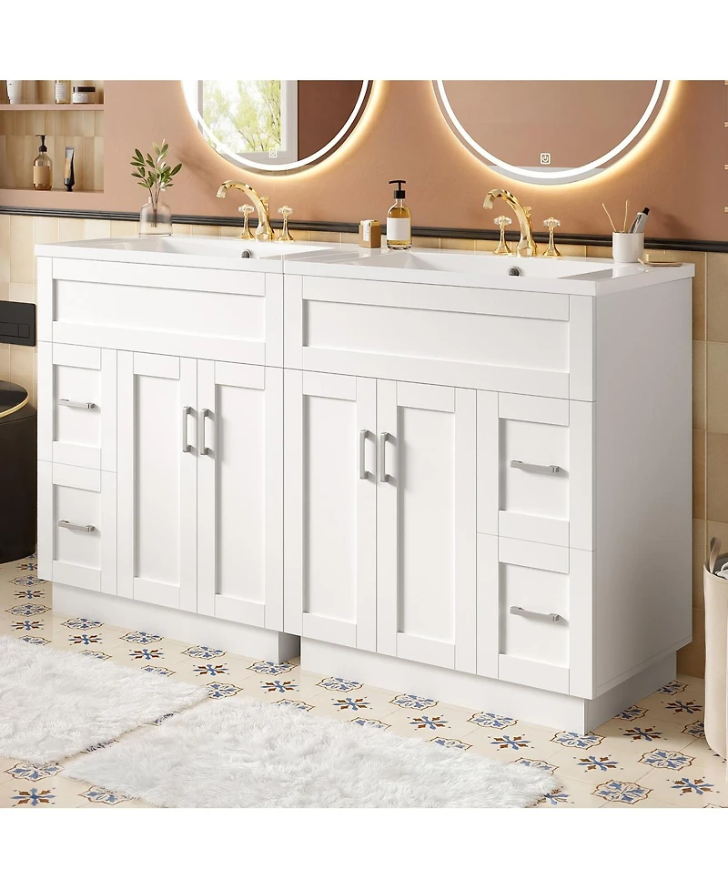 Sillysis 60" Double Sink Bathroom Vanity with Dual Smc Resin Basins, Soft Close Drawers & Adjustable Shelves for Large Bathrooms