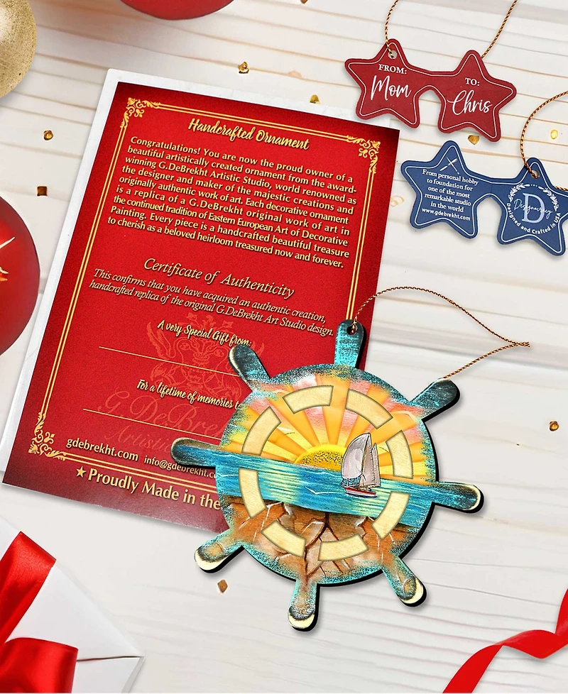 Designocracy Captains Wheel Wooden Ornaments Set of 2