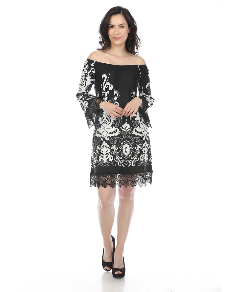 White Mark Women's Off-The-Shoulder Printed Bell-Sleeve Lace Hem Dress