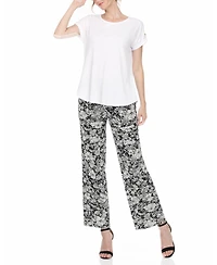 White Mark Women's Folded-Sleeve Top and Printed Pant Two-Piece Set