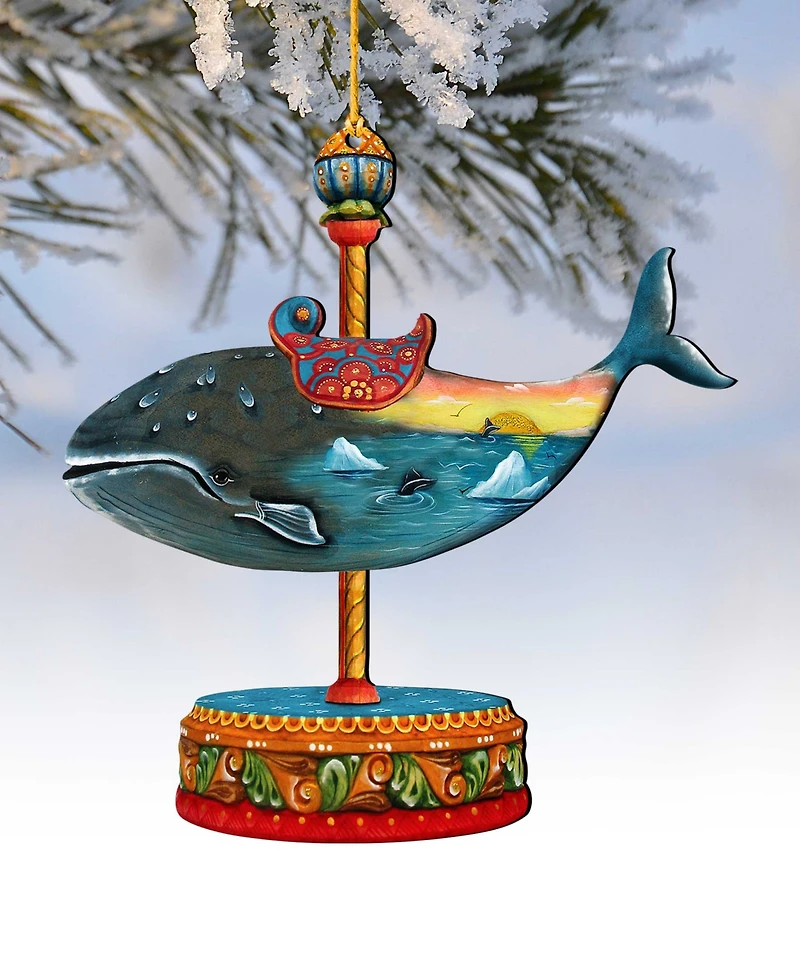 Designocracy Carousel Whale Christmas Wooden Ornament, Set of 2