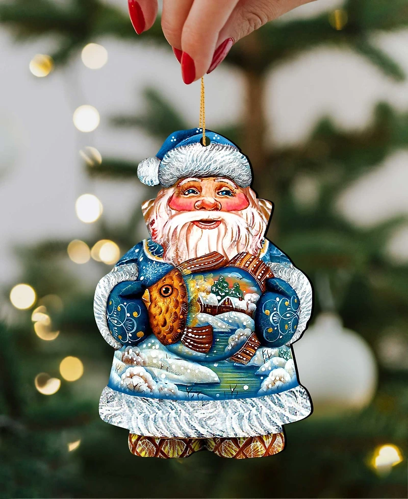 Designocracy Gold Fish Santa Wooden Christmas Ornament Set of 2