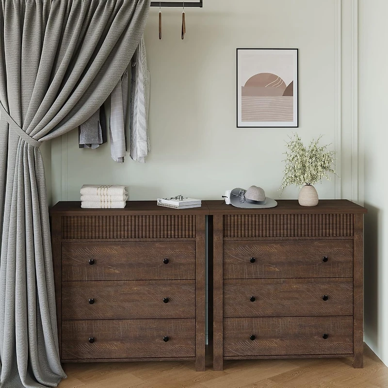 3-Drawer Fluted Nightstand Dresser, Wooden Storage Chest with Anti-Tip Kit for Bedroom, Living Room & Hallway