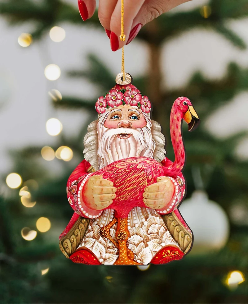 Designocracy Flamingo Santa Wooden Christmas Ornament Set of 2