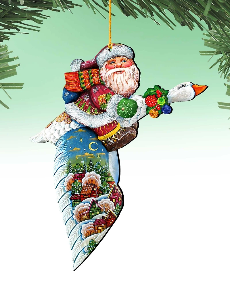 Designocracy Goose Traveling Santa Wooden Christmas Ornament, Set of 2