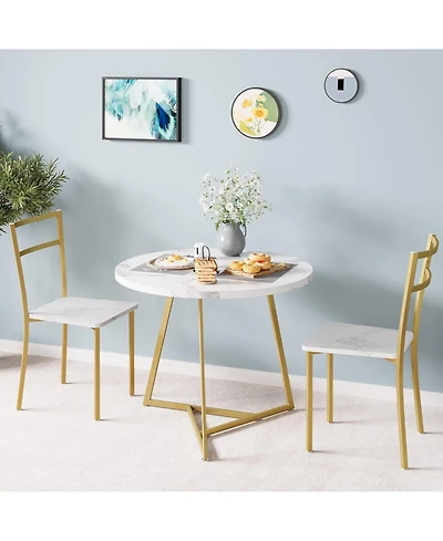 Gaomon 3-Piece Round Dining Set for 2, Table with Cushioned Chairs, Gold White