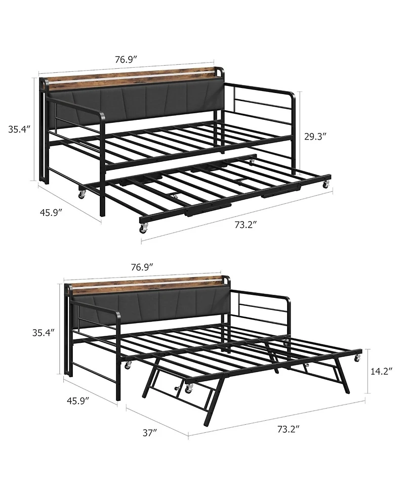 gaomon twin daybed with pop-up trundle, linen upholstery, storage headboard charging ports, Led lights, and durable metal frame