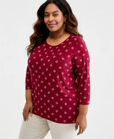 Jm Collection Plus Sofia Tile 3/4-Sleeve Jacquard Top, Macy's Exclusive