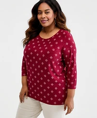 Jm Collection Plus Sofia Tile 3/4-Sleeve Jacquard Top, Macy's Exclusive