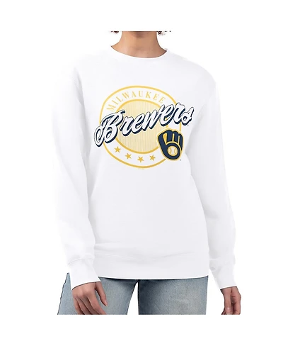 G-iii 4Her by Carl Banks Women's White Milwaukee Brewers Pinstripe Circle Team Fleece Pullover Sweatshirt