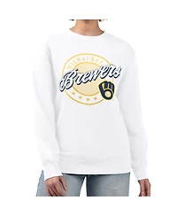 G-iii 4Her by Carl Banks Women's White Milwaukee Brewers Pinstripe Circle Team Fleece Pullover Sweatshirt