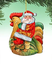 Designocracy Santa Rooster Wooden Christmas Ornament, Set of 2
