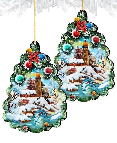 Designocracy Light House Tree Wooden Christmas Ornament Set of 2