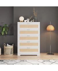 gaomon Rattan 6 Drawer Dresser Natural Wood Deep Storage Metal Handles for Bedroom and Living Room