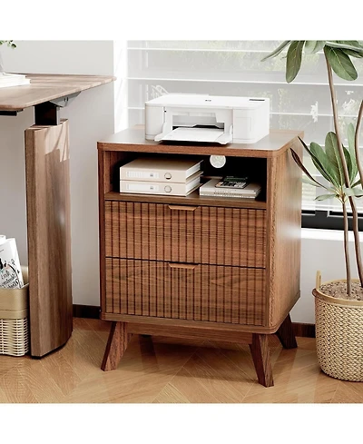 gaomon Modern Fluted Wood Nightstand with 2 Drawers, Open Shelf and Charging Station