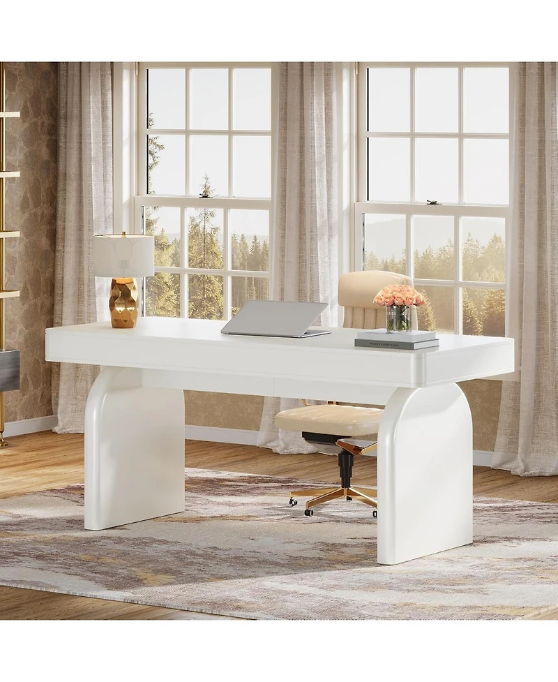 Tribesigns White Desk with Drawers, 63-Inch Modern Executive Office Desk, Glossy Elegant Work Study Desk Writing Table for Home Office