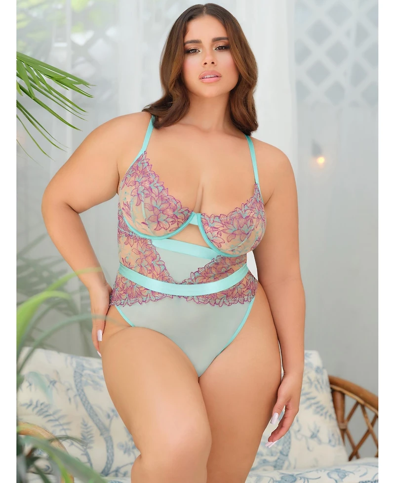 Oh La Cheri Plus Curvy Adaline Embroidered Mesh Teddy