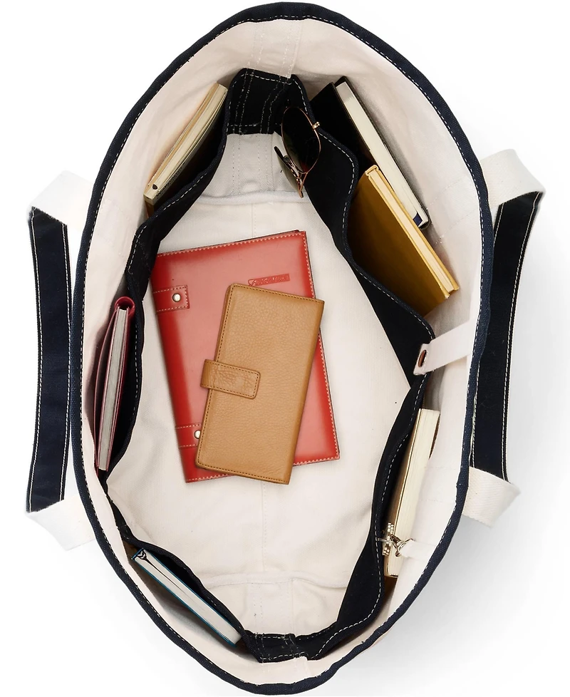 Lands' End Large Print 5 Pocket Open Top Long Handle Canvas Tote Bag