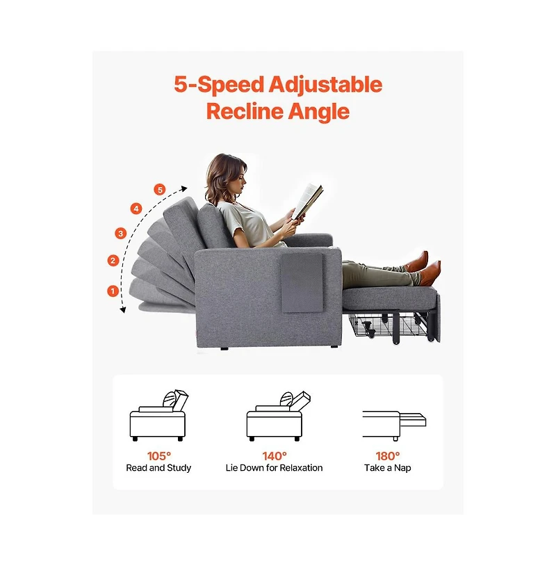 Slickblue Sleeper Sofa Bed with Side Pocket, Pillow, Armrest, Desk Board & 5 Adjustable Angles