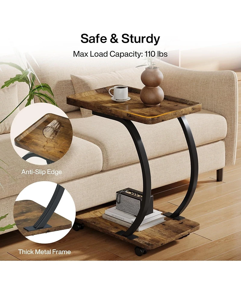 Tribesigns C-Shaped End Table Set of 2, Industrial 2-Tier Small Side Table with Wheels, Wood Bedside Snack Couch Table with Metal Frame, Rustic Brown