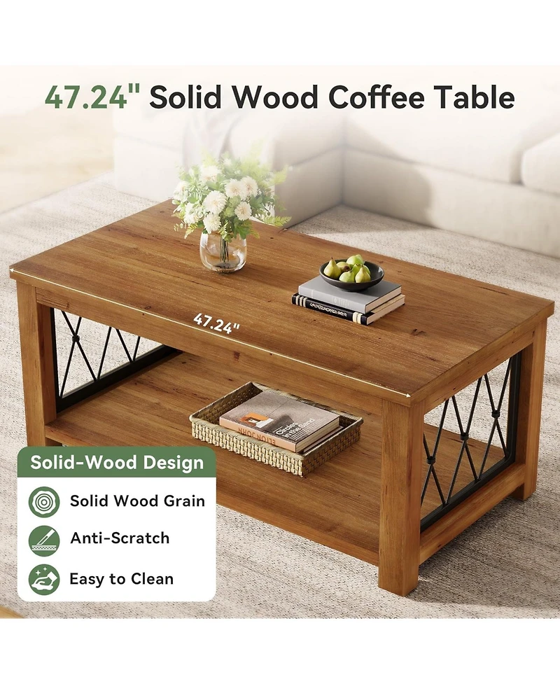 Tribesigns 47.2" Solid Wood Coffee Table, Farmhouse Rectangular Center Table, 2-Tier Low Cocktail Tea Table