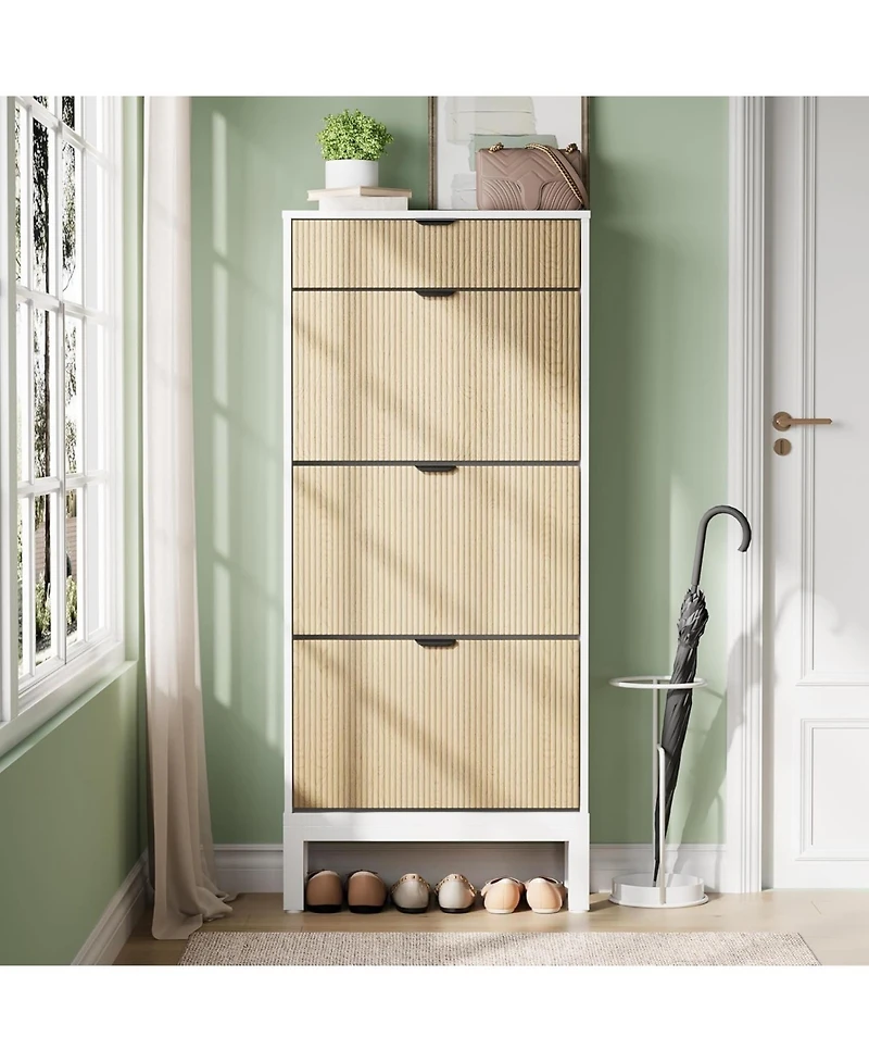 gaomon Shoe Storage Cabinet with 3 Flip Drawers Fluted Organizer Metal Legs Slim Entryway Rack and Oak